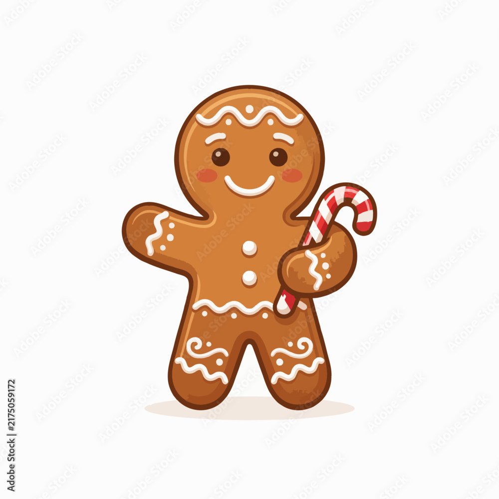 Obraz premium Smiling gingerbread man holding tiny candy cane vector
