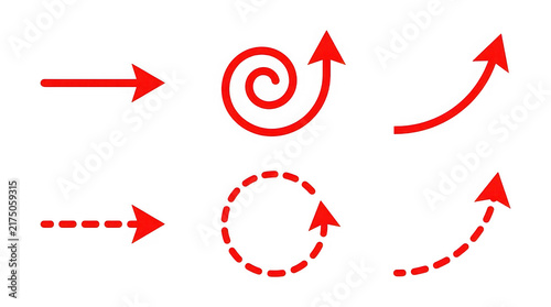 Set of red arrows with straight curved and dotted lines