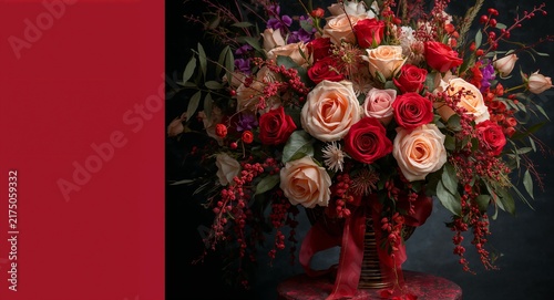 Showcase timeless prom night roses displays with ornate floral arrangements and elegant color palettes that elevate upscale decor and exude refined sophistication with copy space on the left side