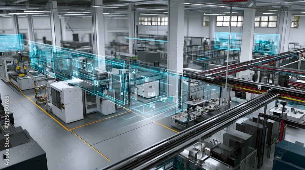 Obraz premium A modern factory interior with transparent digital overlays showing real time ope nal data across hinery and workflow systems