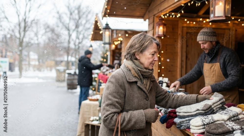 Obraz premium Local Holiday Markets and Community Gift Shopping, A woman shops at a winter market with snow falling around her, enjoying festive holiday offerings.