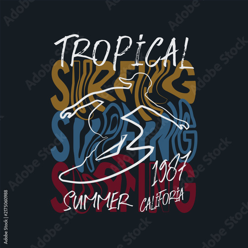 Retro California Surfing Graphic with Tropical Wave and Vintage Typography