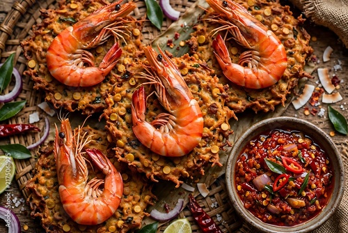 Crispy Lentil Fritters with Prawns and Spicy Sambal Sauce