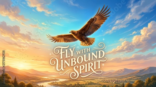 Majestic eagle soaring over a serene valley at sunrise with inspirational text 'Fly with Unbound Spirit'