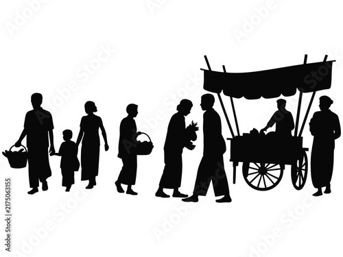 Street Market Scene with Vendors and Customers Silhouette Illustration