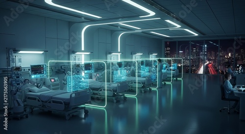Intensive care hospital unit utilizes holographic technology screens to monitor patient health data.