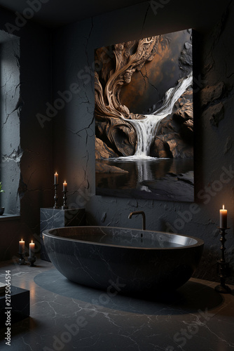 Modern bathroom design with a large wall art and candles at night