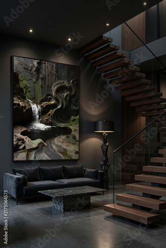 Modern interior with artwork and staircase in a spacious living room