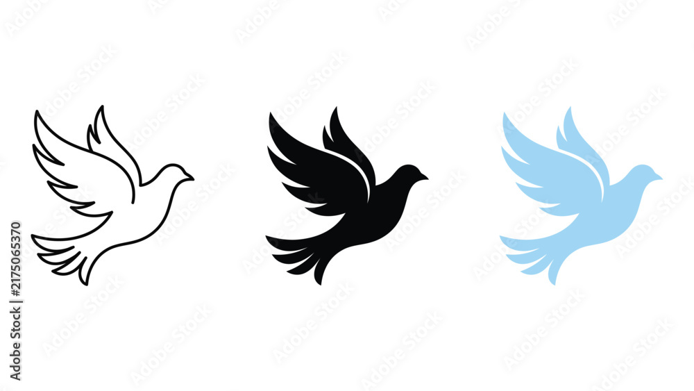Fototapeta premium Set of three dove icons in different styles, including outline, solid black, and light blue silhouette, representing peace and freedom