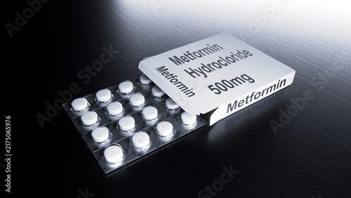 Metformin hydrochloride 500mg tablets for Type 2 Diabetes Treatment, 3d render.
