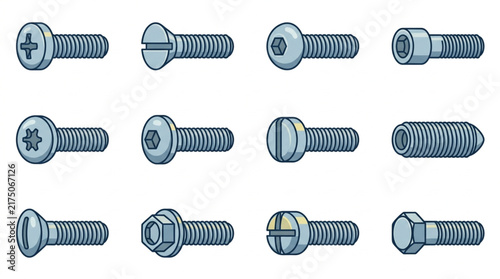 Photography Collection of various metal screws and bolts illustration.