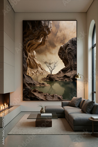 Modern living room with large artwork of nature and tree by water