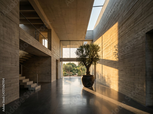 Modern brutalist villa atrium with olive tree and natural sunlight