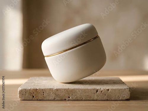 White ceramic cosmetic cream jar on a natural stone block for luxury skincare branding.
