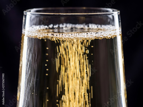 Bubbles rising in a champagne flute glass, sparkling wine texture on black background.