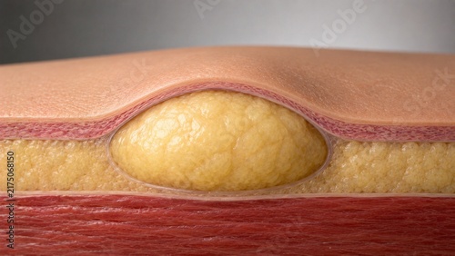 Medical Illustration of a Subcutaneous Lipoma or Cyst Showing Skin Layers, Adipose Tissue, and Muscle