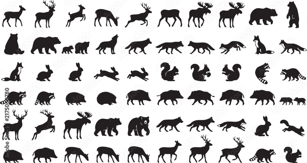 Obraz premium Wild Forest Animals Silhouettes Collection Vector Set