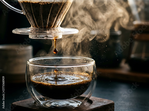 Pour over coffee dripping into a glass cup with rising steam in a dark moody kitchen.