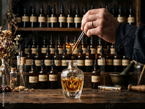 Artisan perfumer dropping essential oil into a vintage crystal bottle in a workshop.