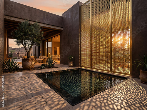 Luxury desert home courtyard with private pool and golden sunset light at dusk
