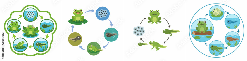 Fototapeta premium Frog life cycle vector set showing metamorphosis stages from egg to adult for educational use.