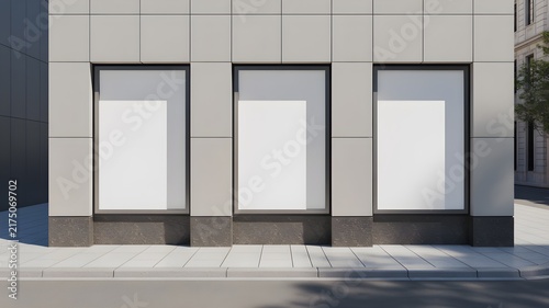 Three blank vertical window display posters on a modern building