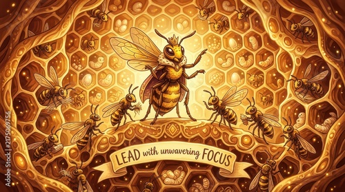 Majestic Queen Bee Leads Her Colony Through Intricate Honeycomb Structure with Inspiring Motto