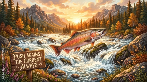 Majestic rainbow trout leaps upstream through a vibrant river surrounded by autumn forest and mountains at sunset, inspiring perseverance.