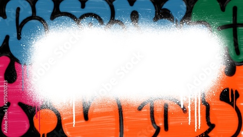 White spray paint stroke banner frame with drips on colorful bubble graffiti background. Aerosol wall texture clip art with copy space for urban streetwear poster design.