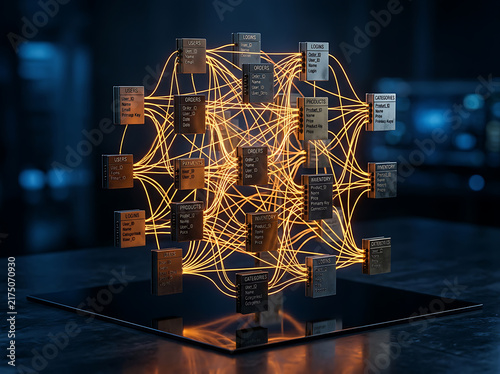 Glowing digital node network sculpture representing artificial intelligence and data connectivity.