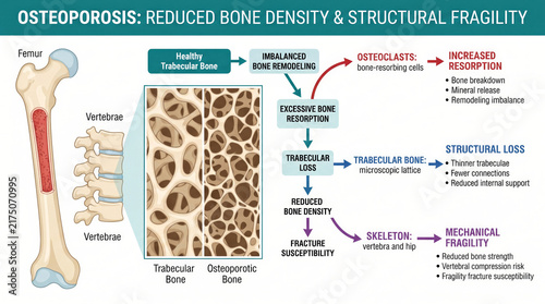 Naklejka Osteoporosis explained: reduced bone density and structural fragility in bones