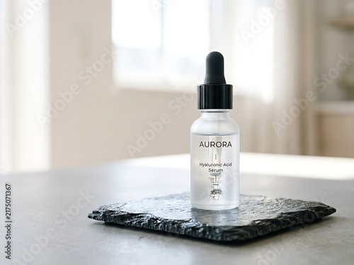 Clear face serum bottle with dropper on stone plate for skincare and beauty product design.