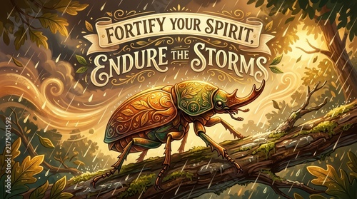 Majestic Rhinoceros Beetle Enduring a Stormy Forest Rainfall with Inspirational Message 'Fortify Your Spirit, Endure the Storms'