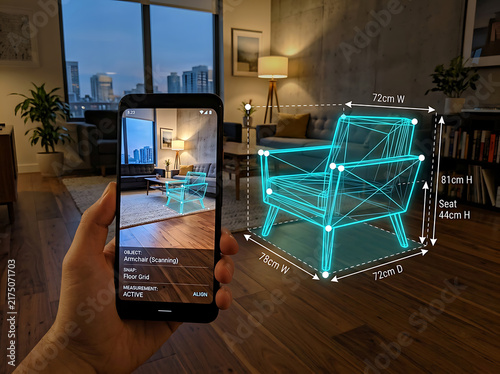 Person using augmented reality app to visualize furniture dimensions in a modern living room.