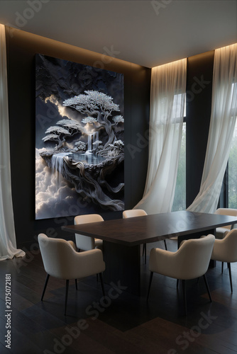 Elegant design of a room with a large artwork and a table with chairs during daylight