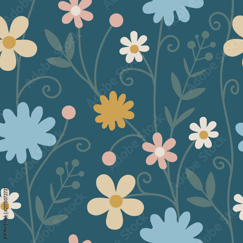 Hand-Drawn Pastel Floral Seamless Pattern With Wildflowers and Leaves for Spring Designs