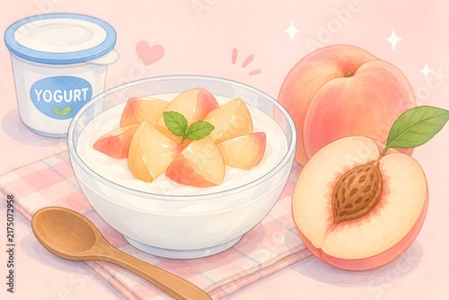 illustration of a healthy peach yogurt bowl with fresh sliced peaches for good gut health and nutrition.