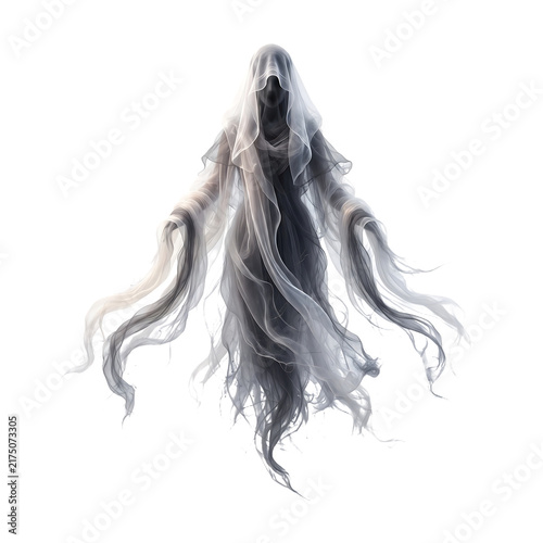 Ethereal hooded ghost figure with flowing tattered robes isolated on transparent background