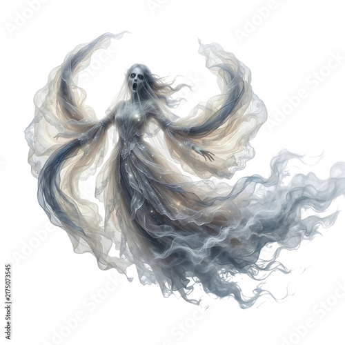 Ethereal ghostly woman with flowing translucent robes and glowing aura isolated on transparent background