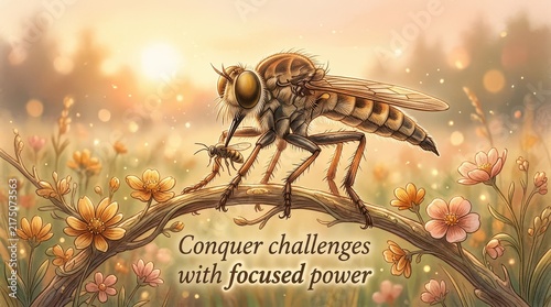 Majestic Robber Fly Perched on Branch, Capturing Prey Amidst Softly Lit Meadow with Flowers