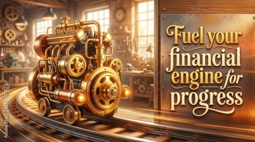 Ornate Golden Steampunk Engine on Tracks, Symbolizing Financial Growth and Progress, in a Workshop Setting