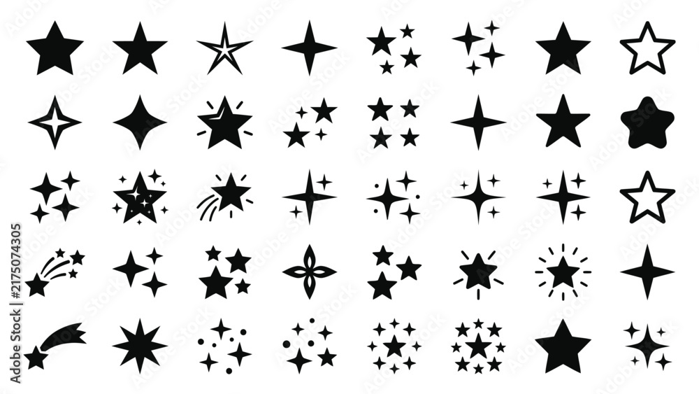 Fototapeta premium Set of various star icons, sparkles, and twinkling star shapes