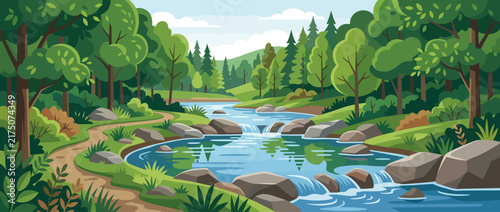 Serene Forest River Flowing Through Green Landscape.