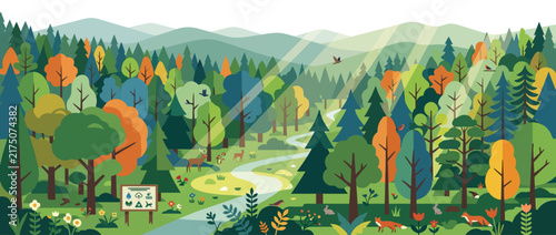 Colorful autumn forest landscape with trees and winding path illustration.