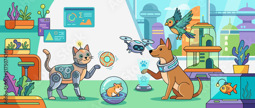 Colorful indoor scene with playful cat dog and birds.