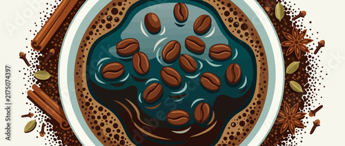 Top view of a cup of aromatic coffee with roasted beans and spices.