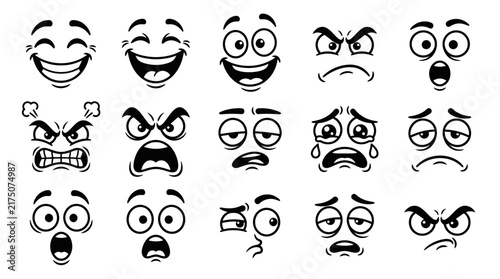 Фотография Black and White Cartoon Expressions Set Featuring Various Human Emotions Illustr