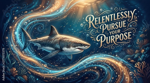 Majestic shark swimming through a mystical, glowing underwater world with inspirational text 'Relentlessly Pursue Your Purpose'