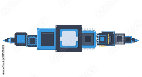 Flat Illustration of Computer Microchips and CPU Processors in a Row