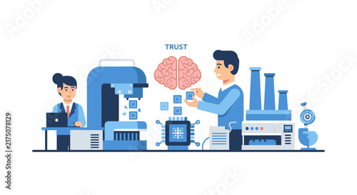 Flat vector showing human-AI trust and collaboration in a high-tech industrial setting.